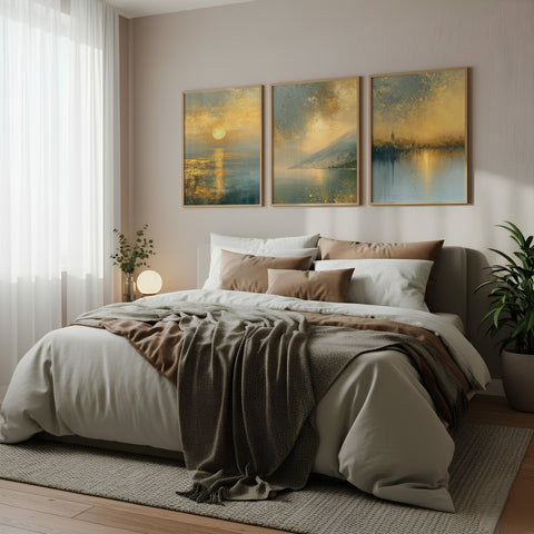 Gilded Landscapes set of 3 prints above a bed
