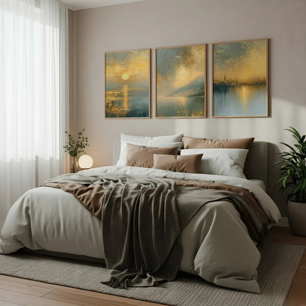 Set of 3 atmospheric landscape wall art prints in muted blue, soft gold and warm neutral tones, displayed in natural oak frames above a bed in a modern bedroom.