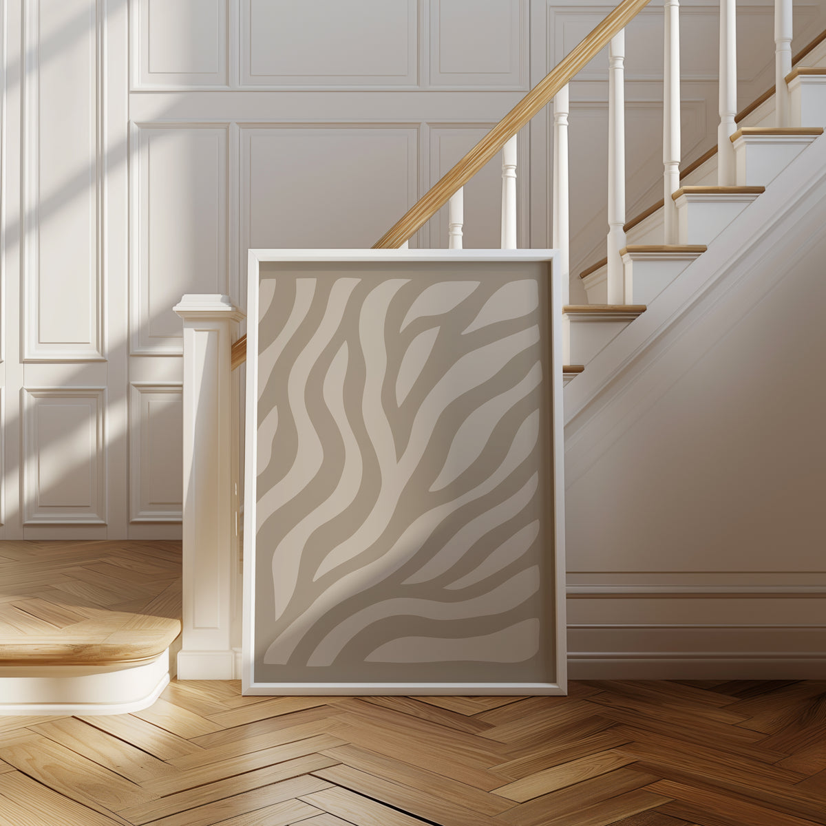 Soft Movement abstract print, rippling cream and taupe waves, shown in a room