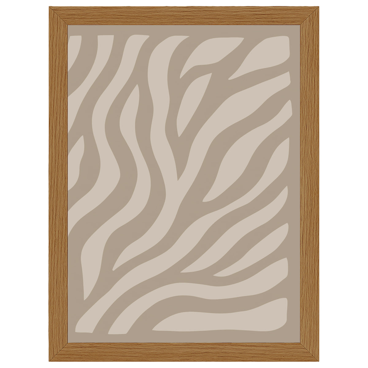 Soft Movement abstract print, rippling cream and taupe waves, in an oak-effect frame