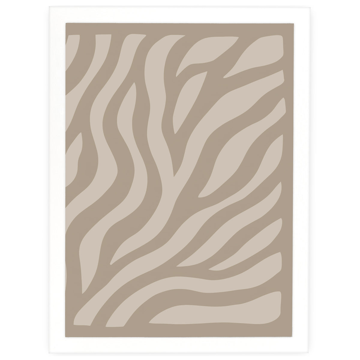 Soft Movement abstract print, rippling cream and taupe waves, in a white frame