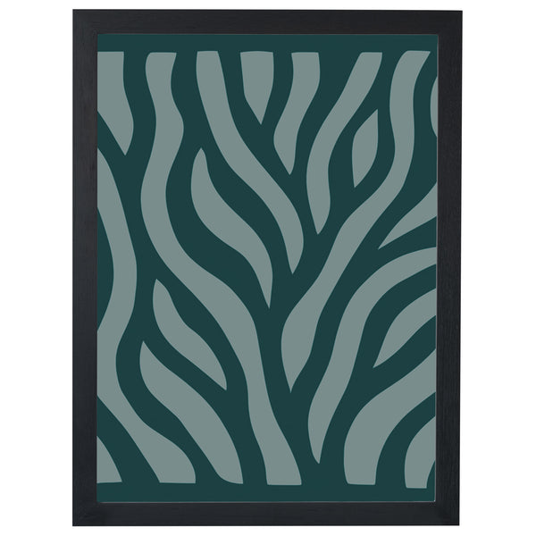 Teal Current abstract print, blue-grey waves on deep teal, in a black frame