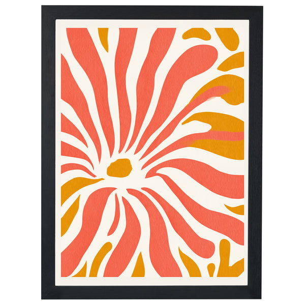 Sunshine Flower retro print, coral and orange flower on cream, in a black frame