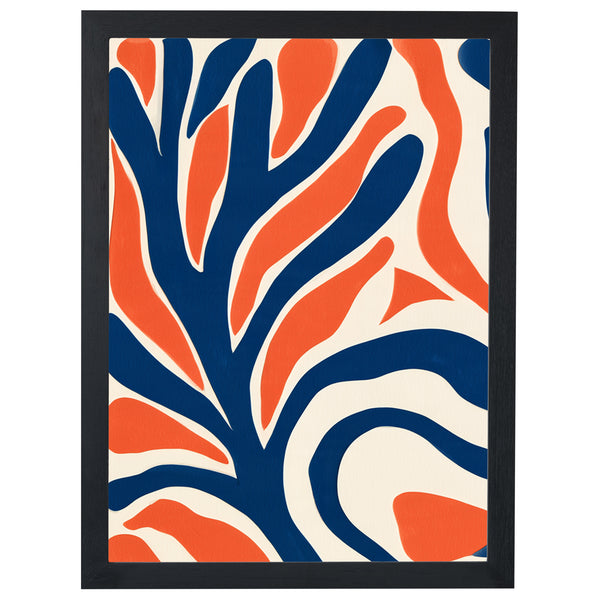 Coral Branches abstract print, orange and navy coral shapes on cream, in a black frame
