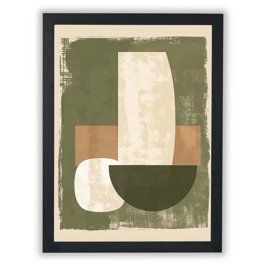 Abstract botanical-inspired wall art featuring earthy olive green, beige, and muted brown geometric shapes with a textured finish, framed in a sleek black frame.