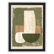 Abstract botanical-inspired wall art featuring earthy olive green, beige, and muted brown geometric shapes with a textured finish, framed in a sleek black frame.