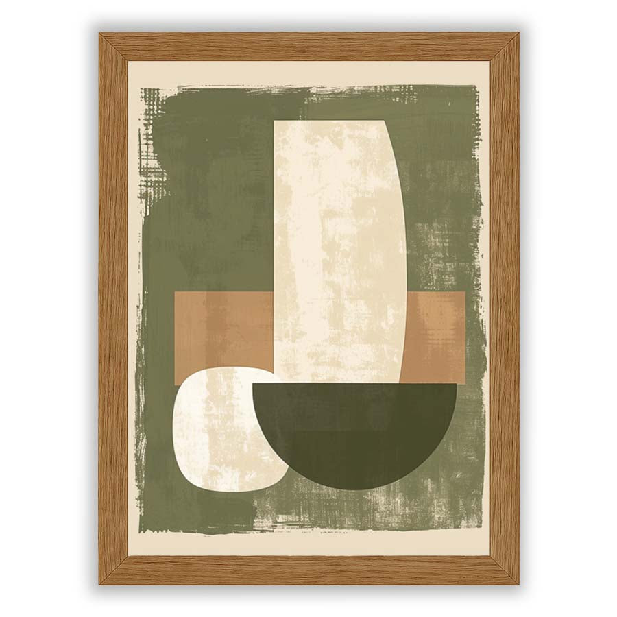 Abstract wall art print featuring muted olive green, beige, and warm brown shapes arranged in a modern, pottery-inspired composition within a natural wood frame.