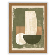 Abstract wall art print featuring muted olive green, beige, and warm brown shapes arranged in a modern, pottery-inspired composition within a natural wood frame.