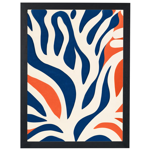 Dancing Leaves abstract print, navy and coral leaf shapes on cream, in a black frame