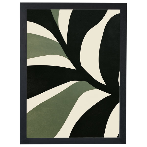 Olive Canopy print, black and olive leaf shapes on cream, in a black frame