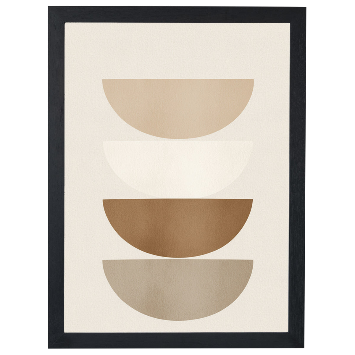Balanced Layers abstract print, four stacked semicircles in beige and brown, in a black frame