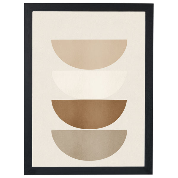 Balanced Layers abstract print, four stacked semicircles in beige and brown, in a black frame