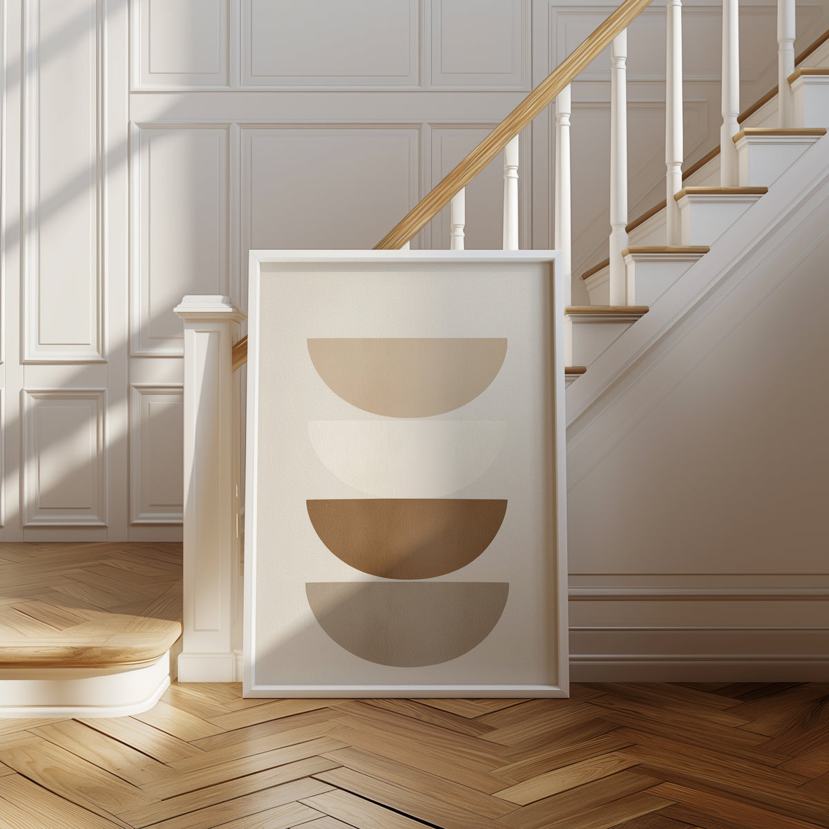Balanced Layers abstract print, four stacked semicircles in beige and brown, shown in a room