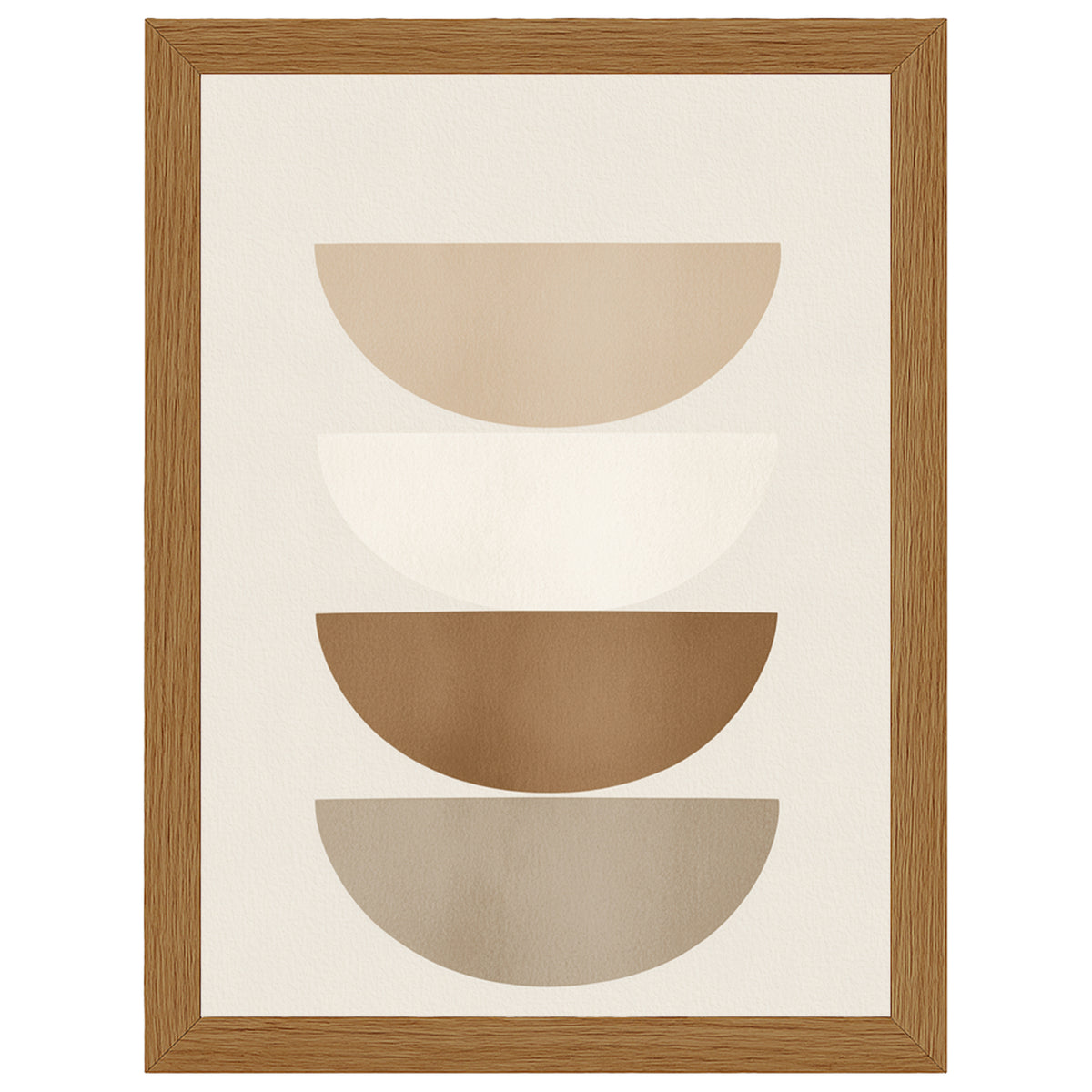 Balanced Layers abstract print, four stacked semicircles in beige and brown, in an oak-effect frame