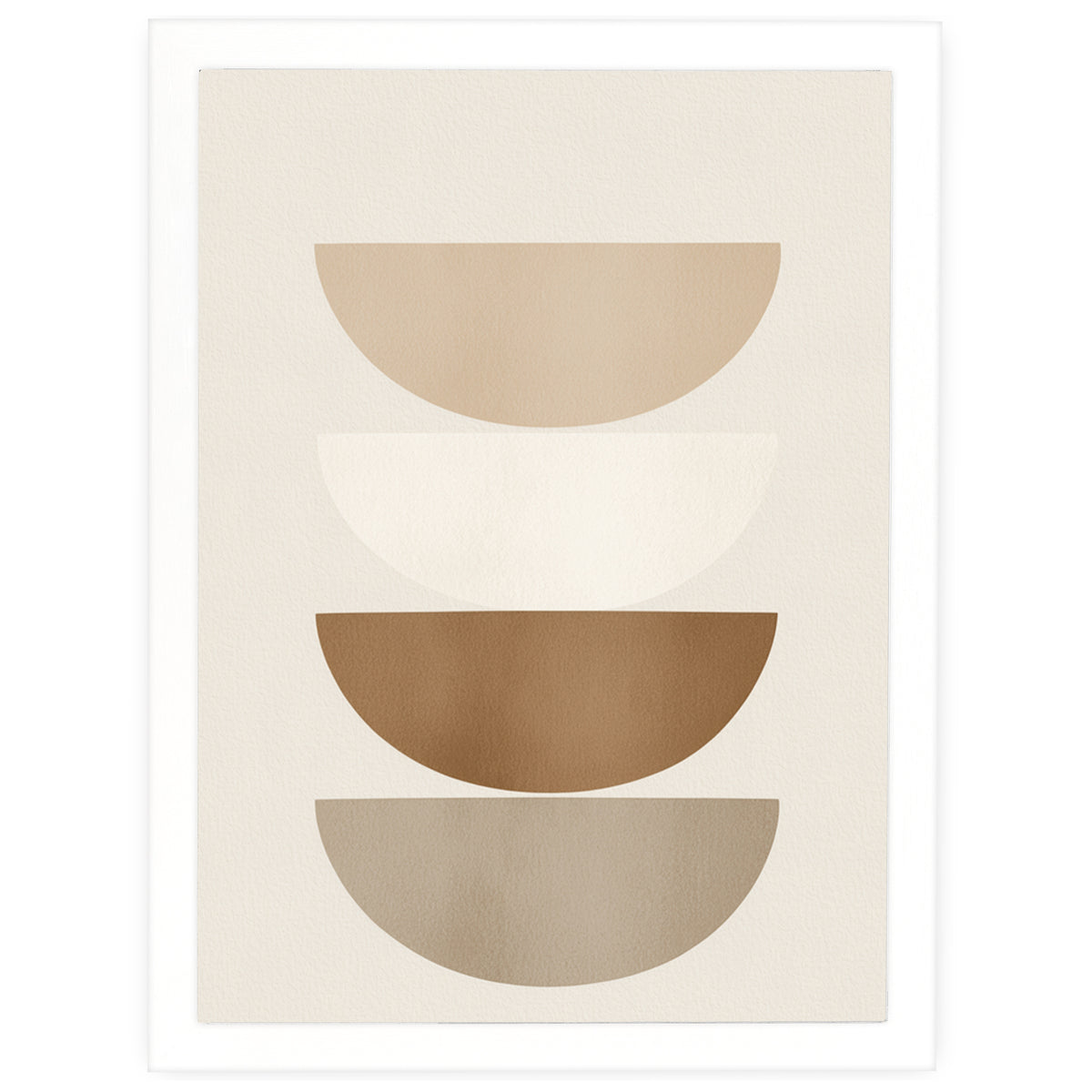 Balanced Layers abstract print, four stacked semicircles in beige and brown, in a white frame