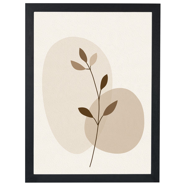 Quiet Growth print, brown leafy stem over beige circles, in a black frame