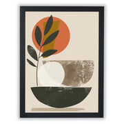 Abstract framed wall art featuring modern geometric shapes in earthy tones with a black botanical silhouette, perfect for adding a Mediterranean-inspired touch.