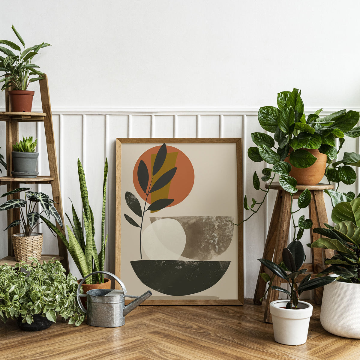 Framed abstract botanical wall art print with earthy tones, surrounded by various green houseplants and a metal watering can on a wooden floor against a white paneled wall.