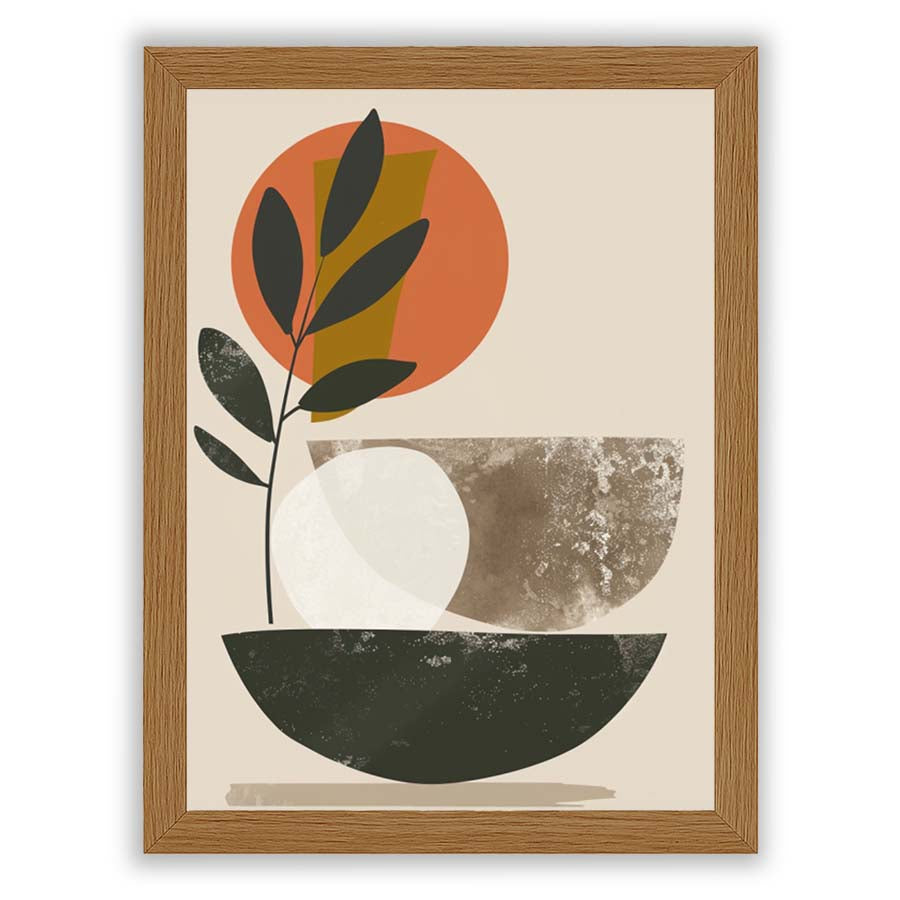 Abstract botanical wall art print featuring stylized leaves and geometric shapes in muted earth tones, framed in a natural oak frame for a modern Mediterranean look.