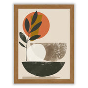 Abstract botanical wall art print featuring stylized leaves and geometric shapes in muted earth tones, framed in a natural oak frame for a modern Mediterranean look.