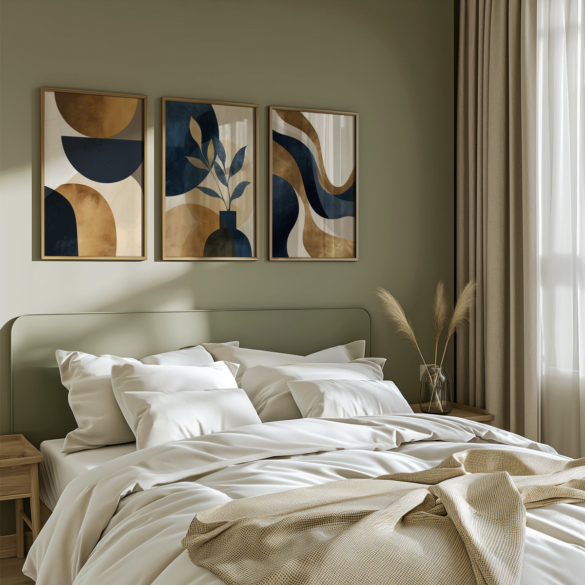 Three abstract wall art prints featuring navy blue and warm brown shapes and botanical elements in neutral-toned bedroom with soft bedding and natural light.