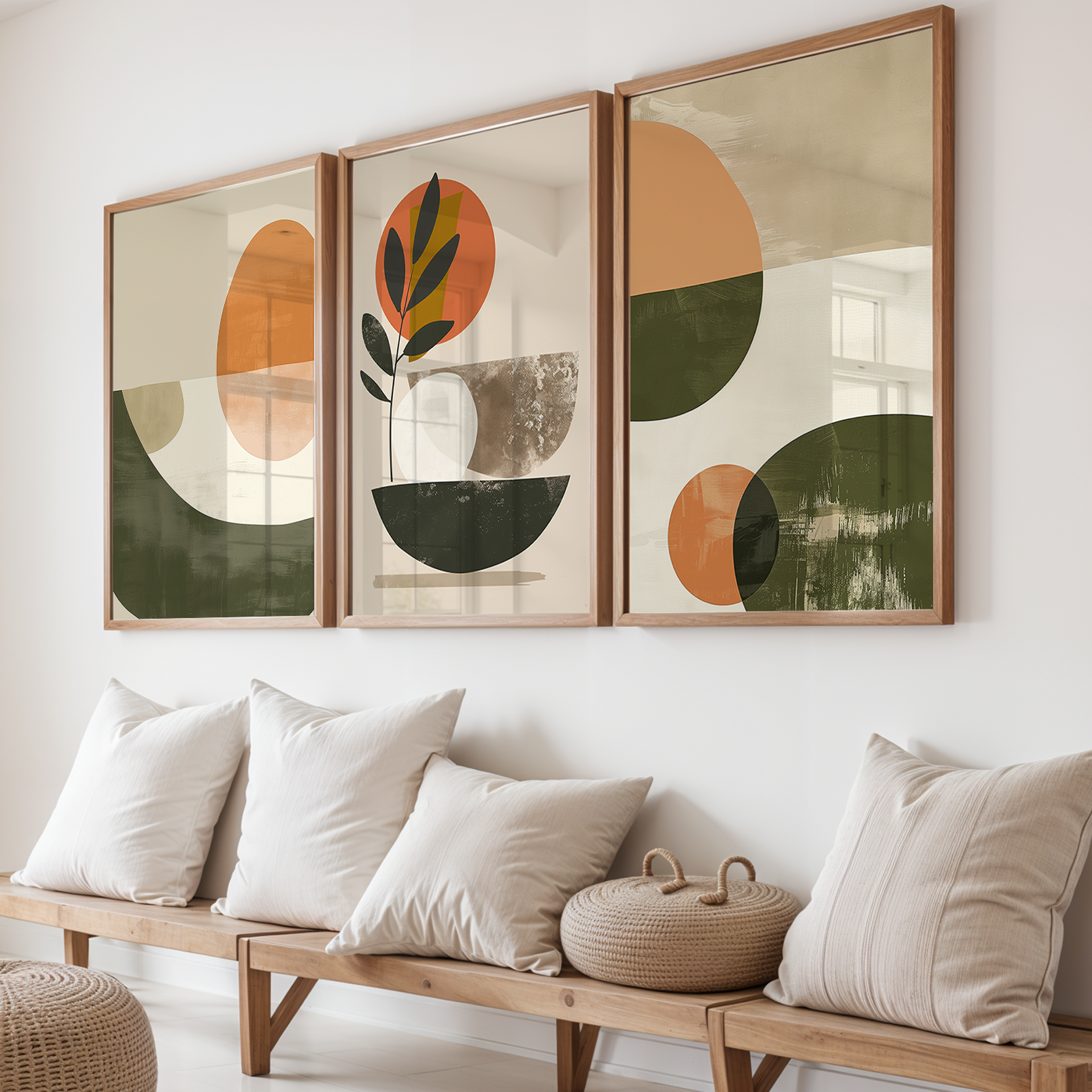 Set of three framed abstract botanical art prints with geometric shapes in earthy tones of green, orange, and beige, displayed above a wooden bench with neutral pillows.