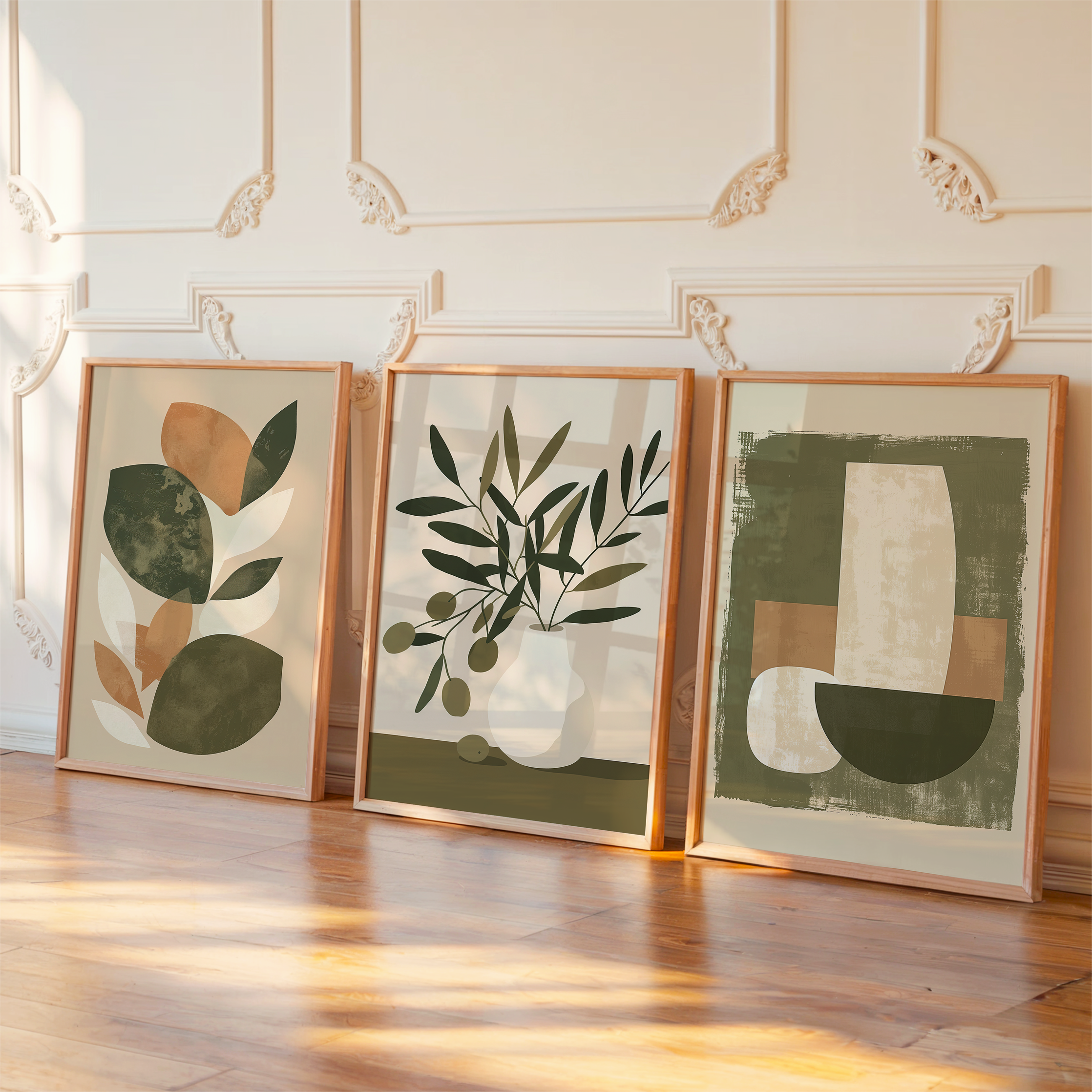 Three framed botanical and abstract wall art prints featuring olive branch illustrations and geometric shapes in muted green, beige, and brown tones displayed on a wooden floor against an ornate cream wall.