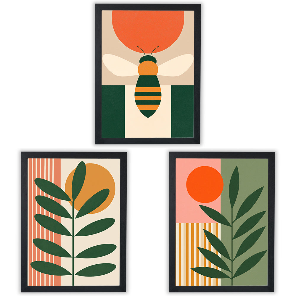 Sun & Stem Set of 3 Prints showcasing bold botanical and geometric designs in green, orange and warm tones - Black Frame