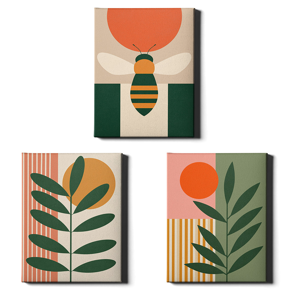 Sun & Stem Set of 3 Prints showcasing bold botanical and geometric designs in green, orange and warm tones - Wrapped Canvas