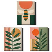 Sun & Stem Set of 3 Prints showcasing bold botanical and geometric designs in green, orange and warm tones - Wrapped Canvas