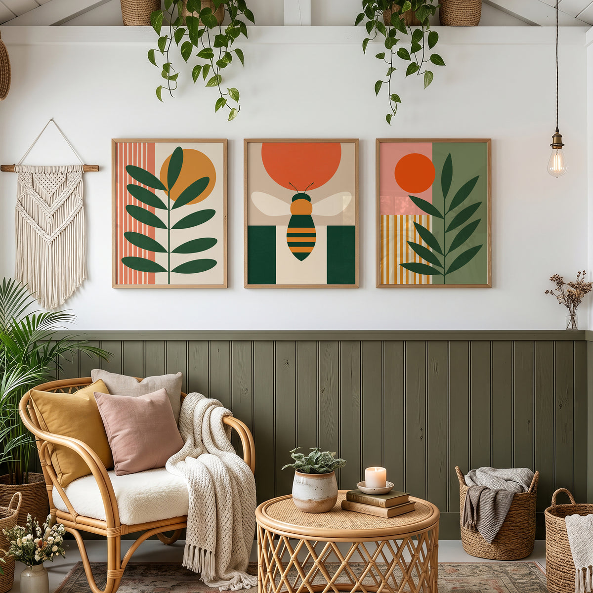 Sun & Stem Set of 3 Prints featuring bold leaves, geometric shapes and warm retro-inspired colours