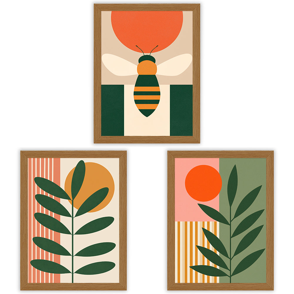 Sun & Stem Set of 3 Prints showcasing bold botanical and geometric designs in green, orange and warm tones - Oak Frame