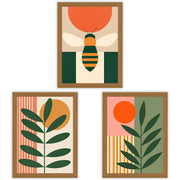 Sun & Stem Set of 3 Prints showcasing bold botanical and geometric designs in green, orange and warm tones - Oak Frame