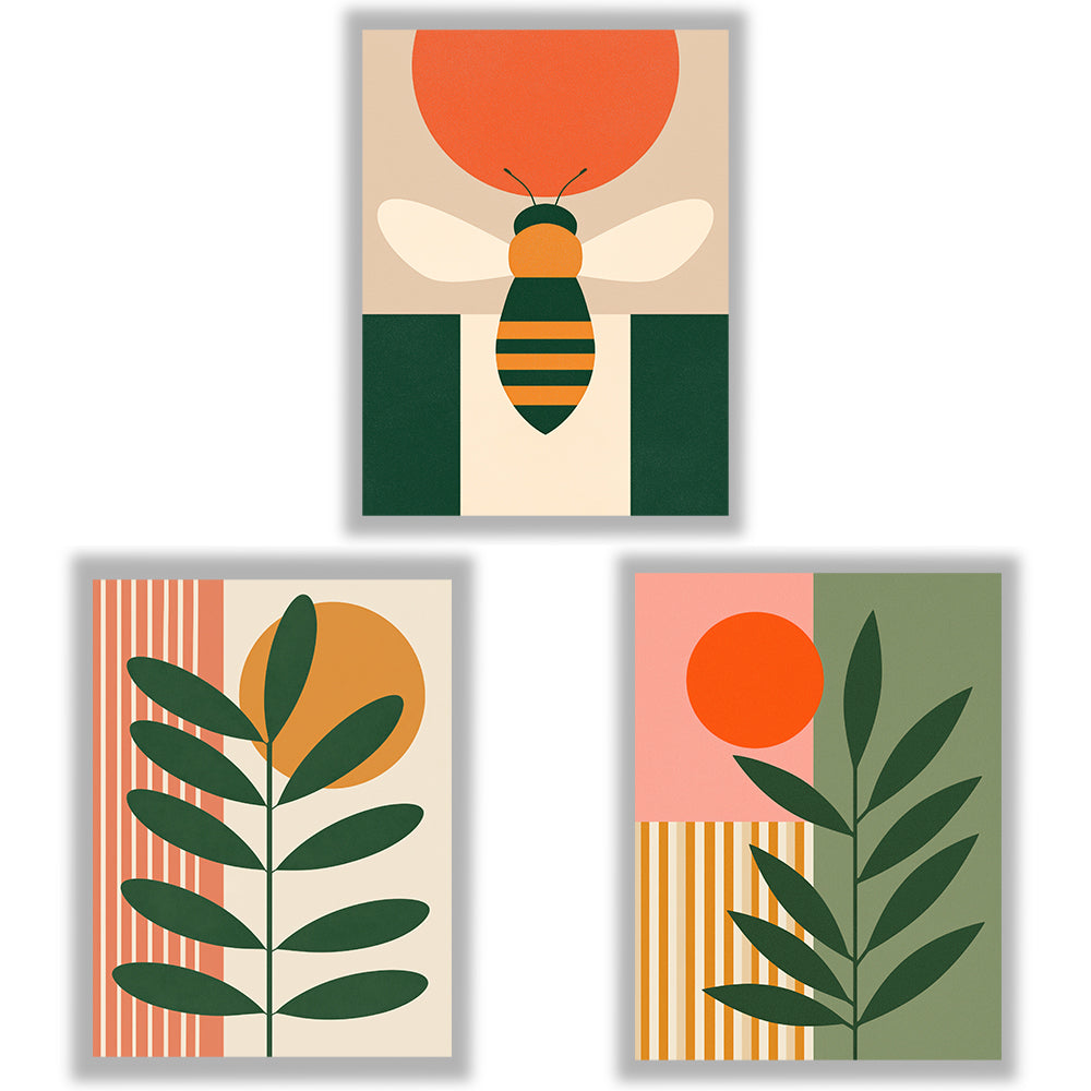 Sun & Stem Set of 3 Prints showcasing bold botanical and geometric designs in green, orange and warm tones - Unframed Prints