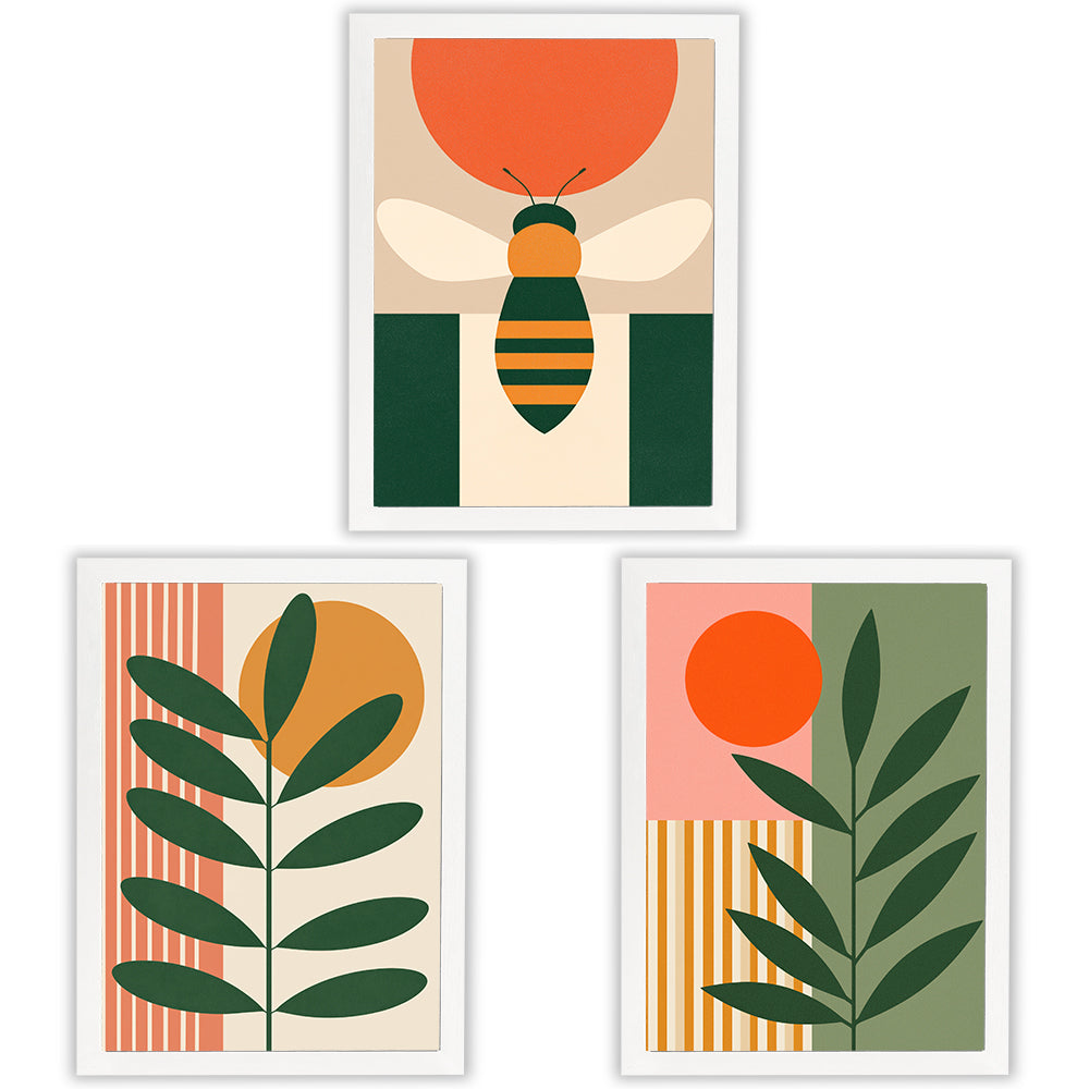 Sun & Stem Set of 3 Prints showcasing bold botanical and geometric designs in green, orange and warm tones - White Frame