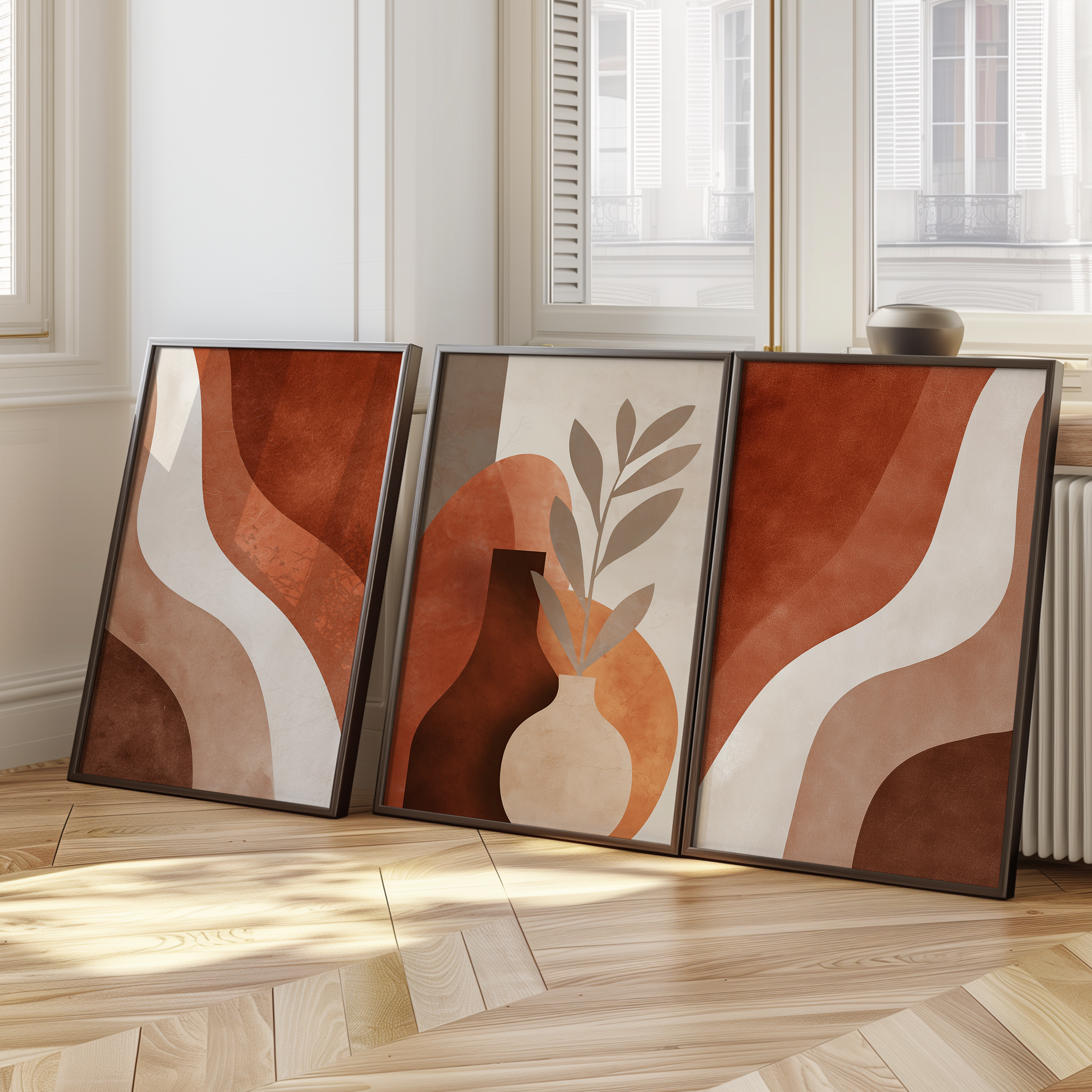 Three framed abstract wall art prints featuring terracotta tones with flowing shapes and a minimalist botanical vase design, displayed in a bright, modern room.