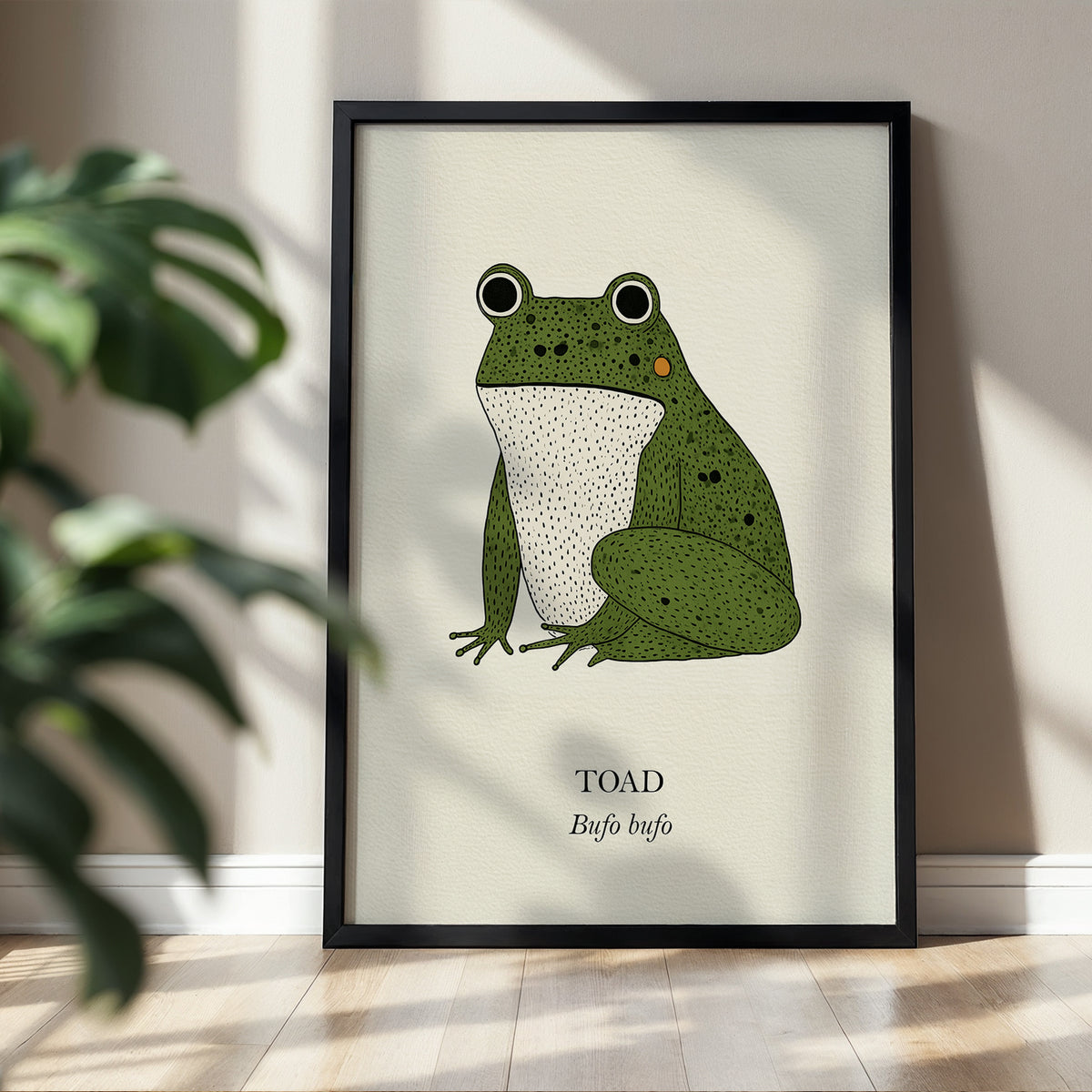 Green Toad natural history print, green toad on cream, shown in a room