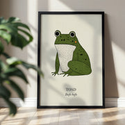 Green Toad natural history print, green toad on cream, shown in a room