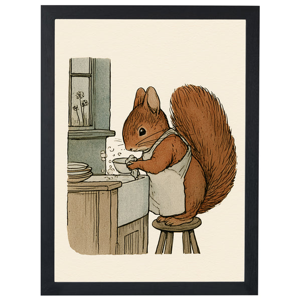 The Little Cook storybook print, red squirrel washing dishes, in a black frame