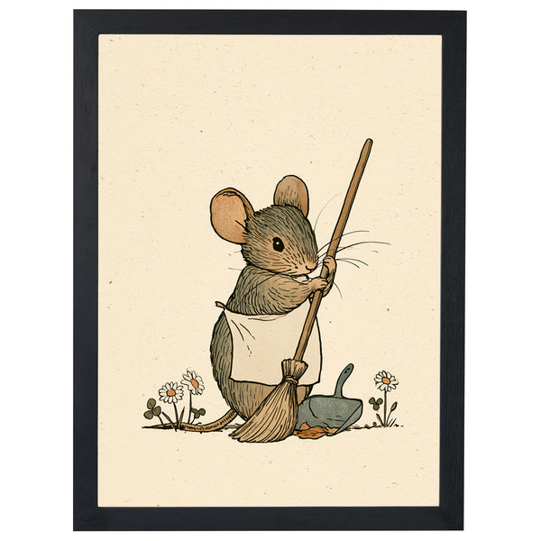Spring Cleaning storybook print, mouse in an apron sweeping, in a black frame