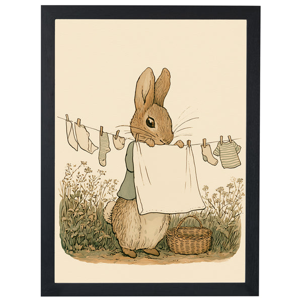 Laundry Day storybook print, rabbit hanging washing on a line, in a black frame