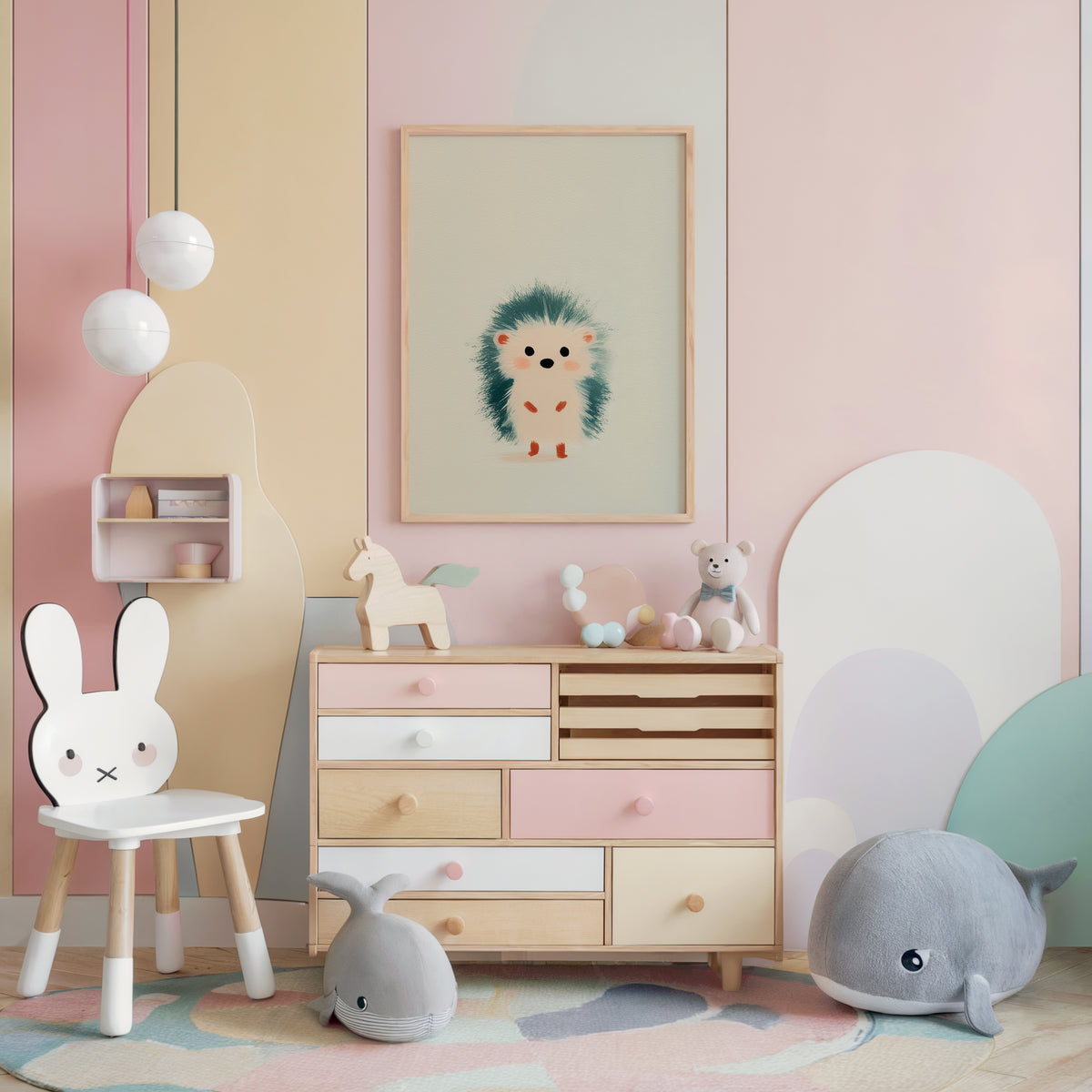 Cozy children's room featuring pastel-colored furniture, a framed print of a cute tiny hedgehog, soft plush toys shaped like sea animals, and a bunny-themed chair.