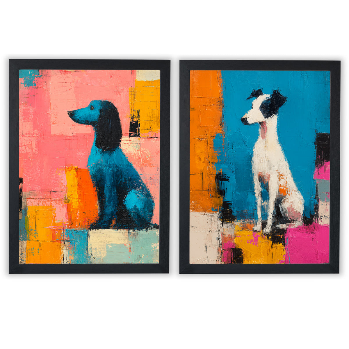City Companions Set of 2 Prints featuring colourful dog portraits with bold abstract backgrounds - Black Frame