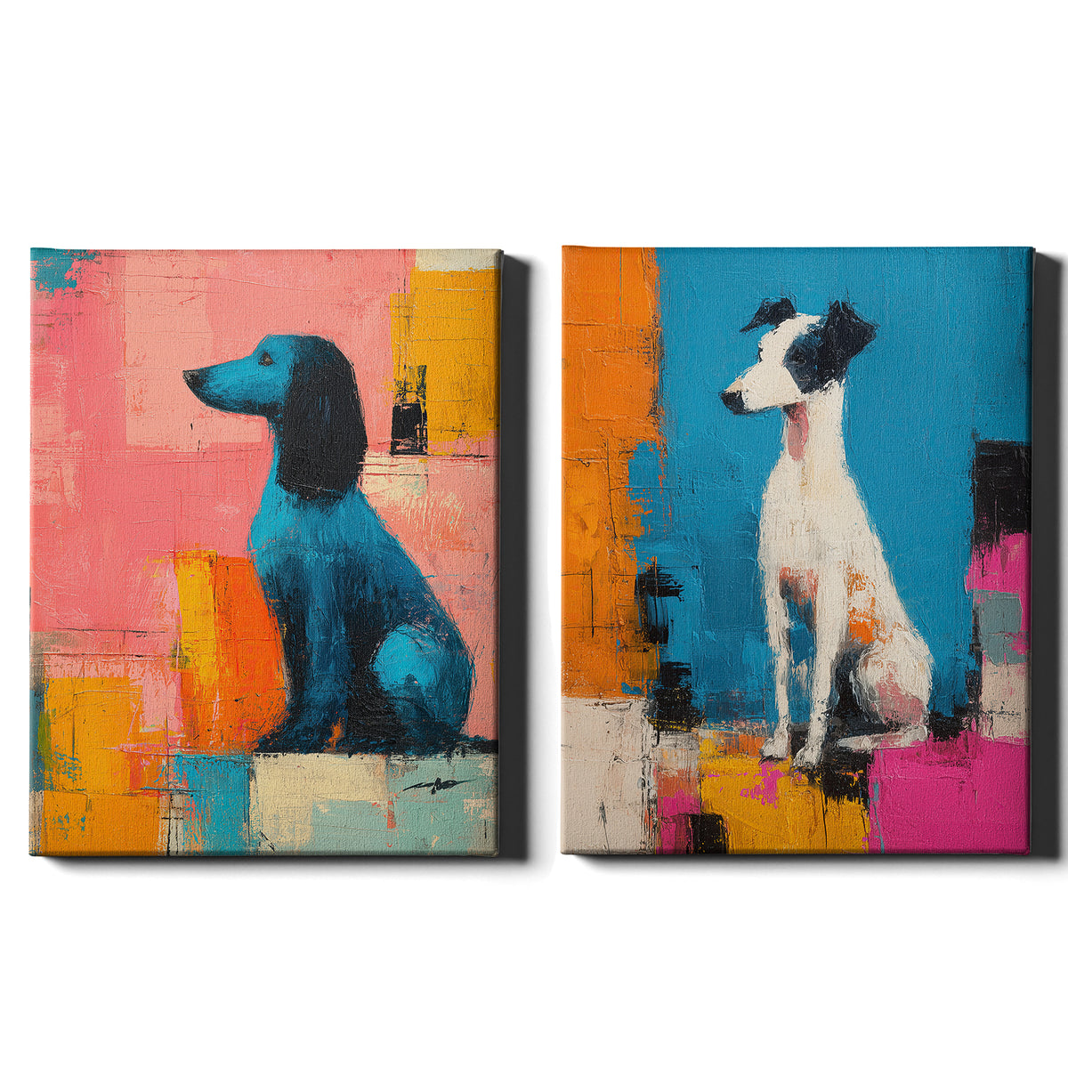 City Companions Set of 2 Prints featuring colourful dog portraits with bold abstract backgrounds - Wrapped Canvas