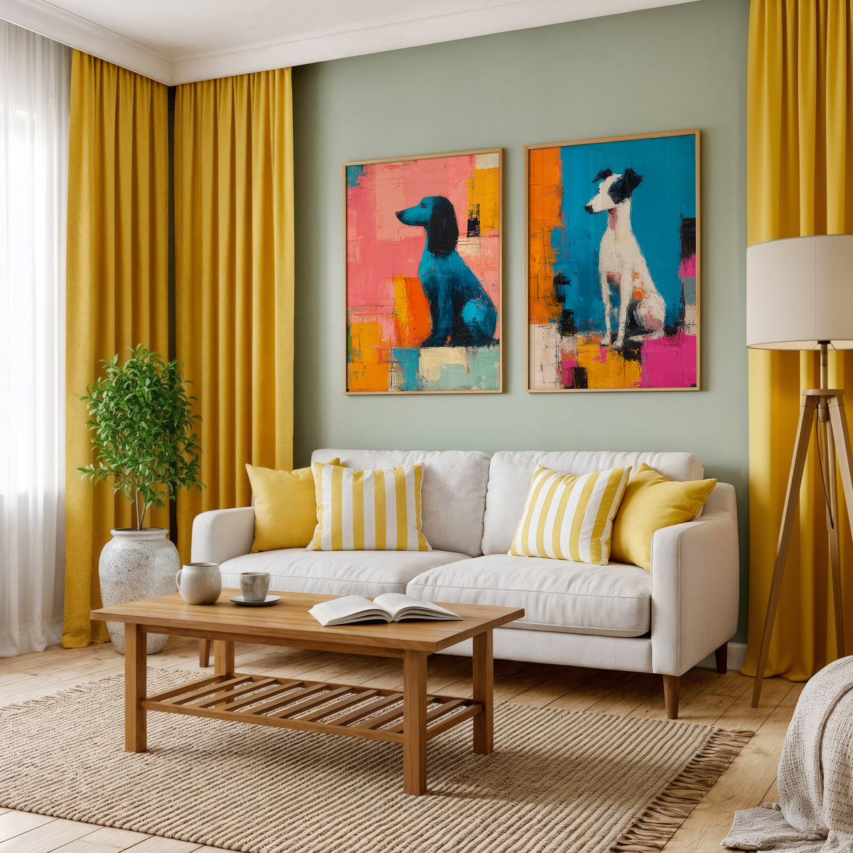 City Companions Set of 2 Prints featuring expressive dog paintings in pink, blue, orange and yellow