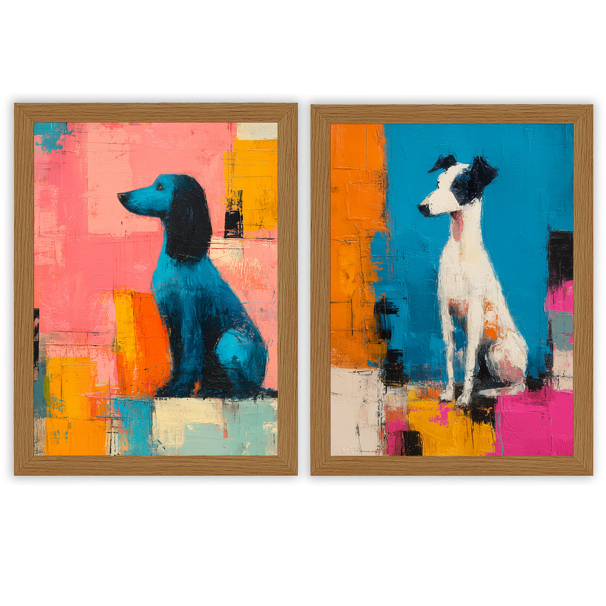 City Companions Set of 2 Prints featuring colourful dog portraits with bold abstract backgrounds - Oak Frame