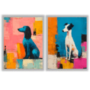 City Companions Set of 2 Prints featuring colourful dog portraits with bold abstract backgrounds - Unframed Prints