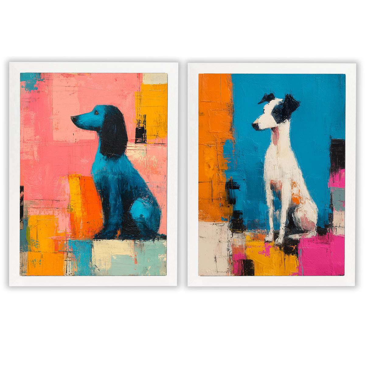 City Companions Set of 2 Prints featuring colourful dog portraits with bold abstract backgrounds - White Frame