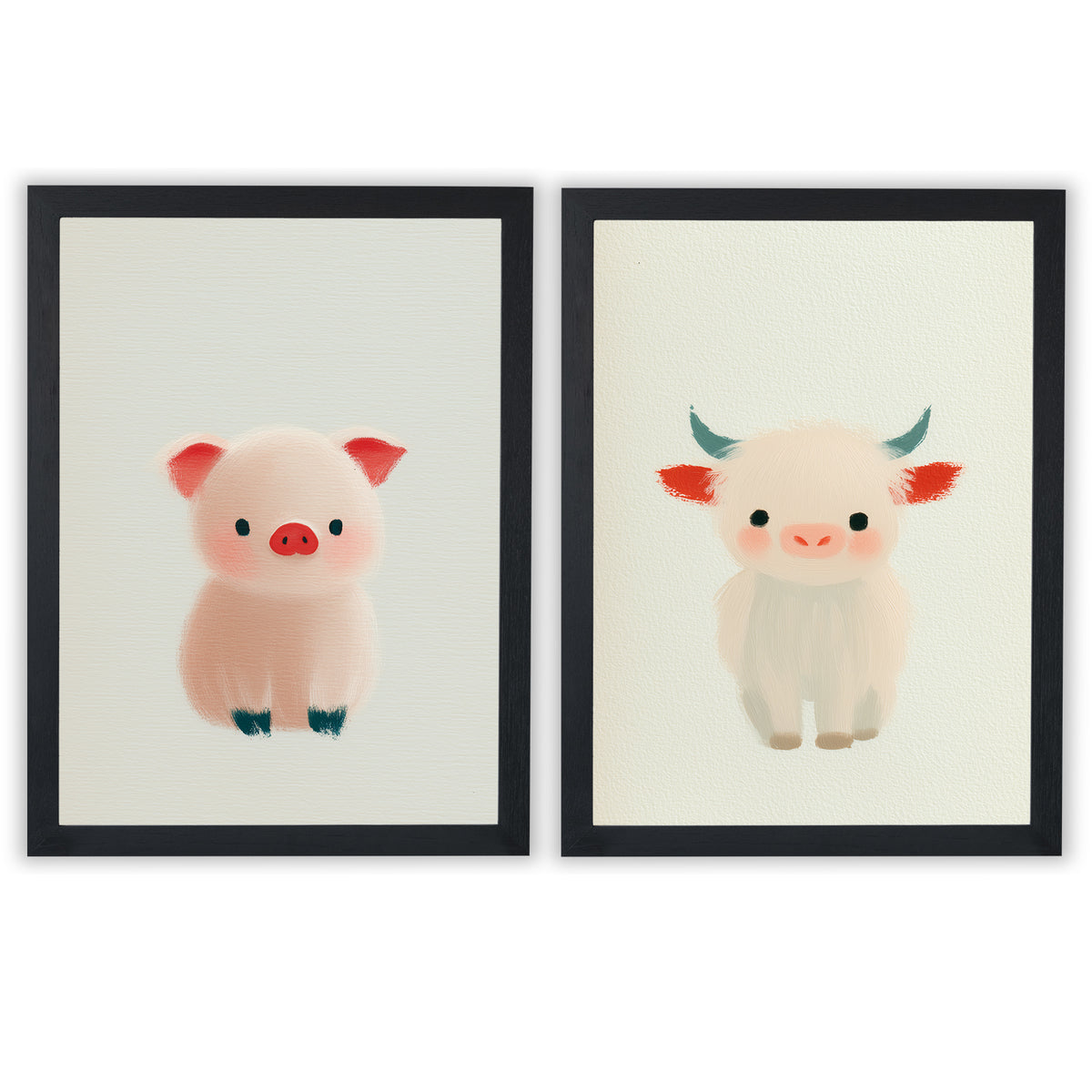 Farm Friends Set of 2 Prints featuring a cute pink piglet and fluffy baby cow - Black Frame