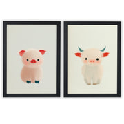 Farm Friends Set of 2 Prints featuring a cute pink piglet and fluffy baby cow - Black Frame